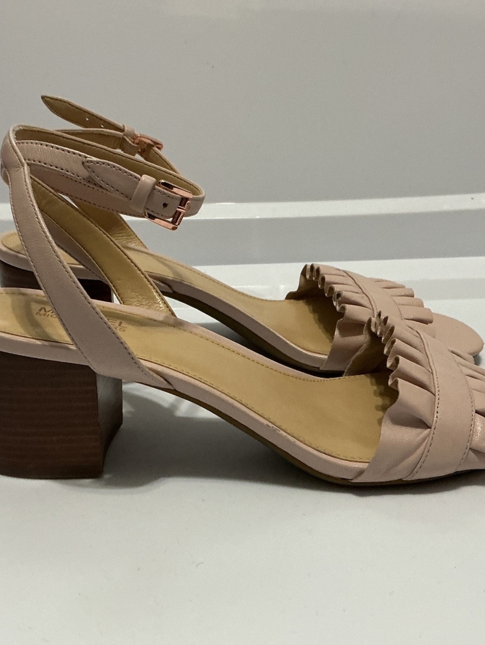 Michael Kors Women's Pink Ankle Strap Block Heel Sandals with Ruffle Detail